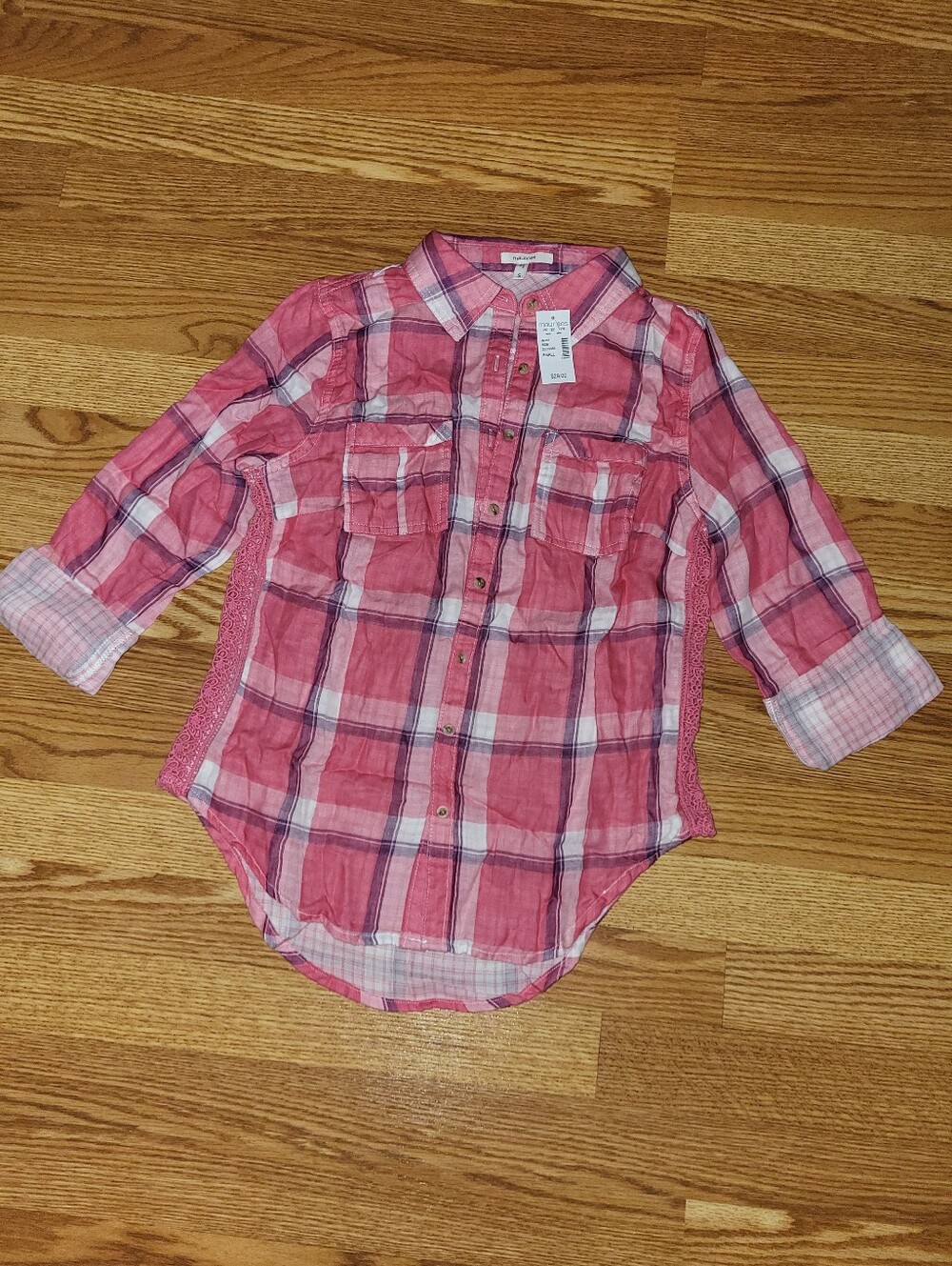 Maurices Pink Plaid Button-Down Shirt with Crochet Side Panels